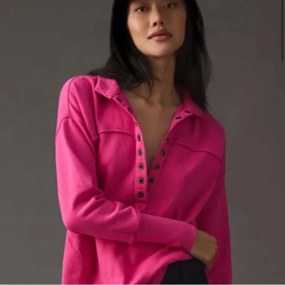 Anthropologie Pink Button-Detail Sweatshirt - Picture 2 of 9